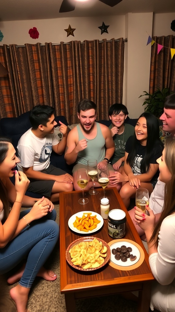 Friends playing truth or dare in a cozy living room, filled with laughter and excitement.